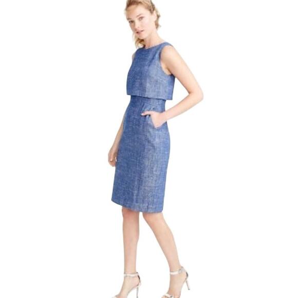 J.Crew Blue Linen Blend Sheath Dress Size 2 Sleeveless Lined Herringbone Office - Picture 2 of 15